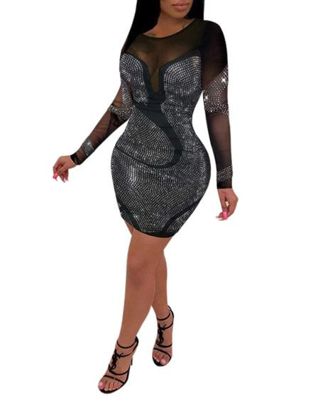Vestido PORRCEY Hot Drilling Craft Sexy de manga comprida preto 3GG