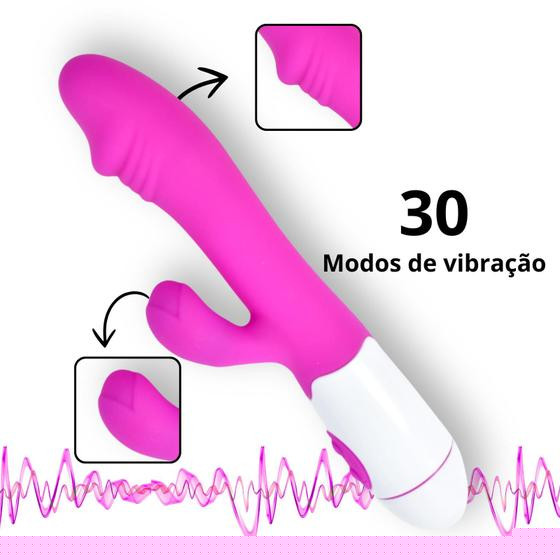 Imagem de Massageador Feminino Dupla Penetração Ponto G e Estimulador Rosa de Silicone 30 Modos de Vibração Duplo Motor Ema 19.5x3.5cm  Sex Shop