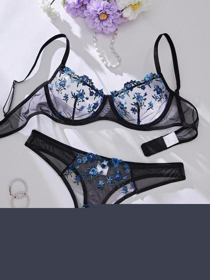Imagem de Conjunto De Lingerie Sexy Semi-Transparente Com Bordado Floral Sutiã E Calcinha Para Dormir.