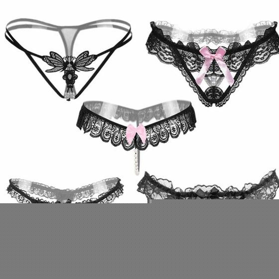 Imagem de Kit 5 Tangas de Renda Sexy Fio Dental Transparente Preto ElaShopp