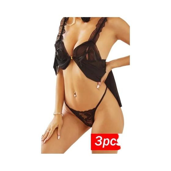 Imagem de Conjunto De 3 Peças De Tanga Transparente De Cintura Baixa Com Estampa Floral Sexy Para Mulheres,