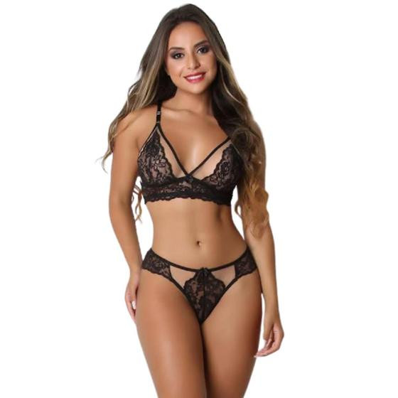 Imagem de Lingerie Sexy Conjunto Sensual Renda e Tule Transparente Feminino
