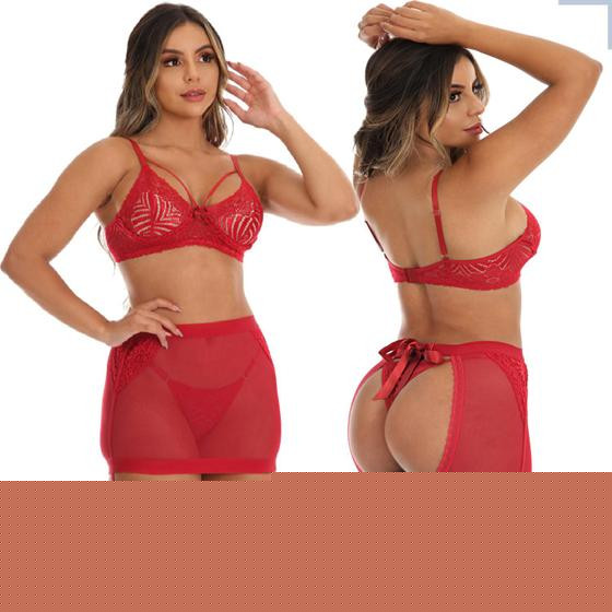 Imagem de Conjunto Lingerie Sensual Sexy 3 Peças Com Calcinha Saia em Tule