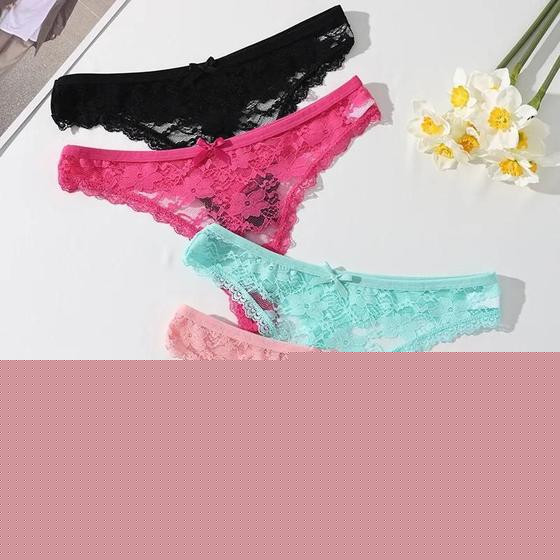 Imagem de Conjunto De Calcinhas Femininas Sexy De Renda Com 4 Peças De Lingerie Transparente Com Fio Dental