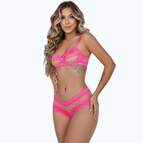 Imagem de Conjunto Meia Taça Tule Sem Bojo Natasha Lingerie Sexy Feminina Transparente Calcinha Sutiã Sutia Kit Lindo