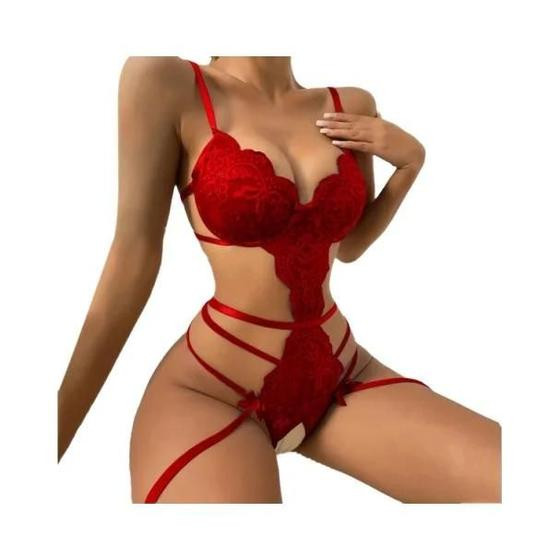 Imagem de Conjunto De Sutiã Aberto De Renda Sexy Para Mulheres, Body Transparente Com Babados Sedutores,