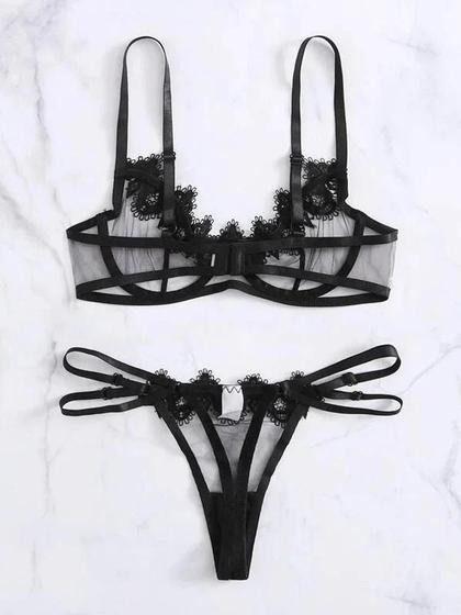 Imagem de Body Feminino Sexy Transparente De Renda Babydoll Roupa De Dormir 2 Peças Conjunto De Lingerie