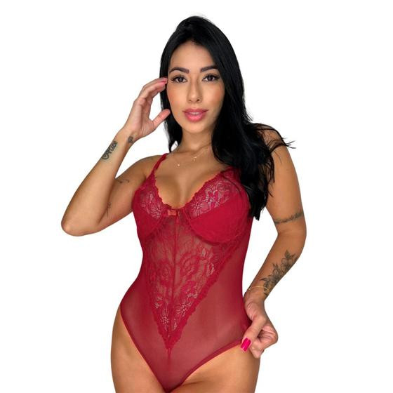 Imagem de Body Sexy Tule Transparente Decote Renda Sedutor  Lingerie Provocante Blogueira Luxo Sensual